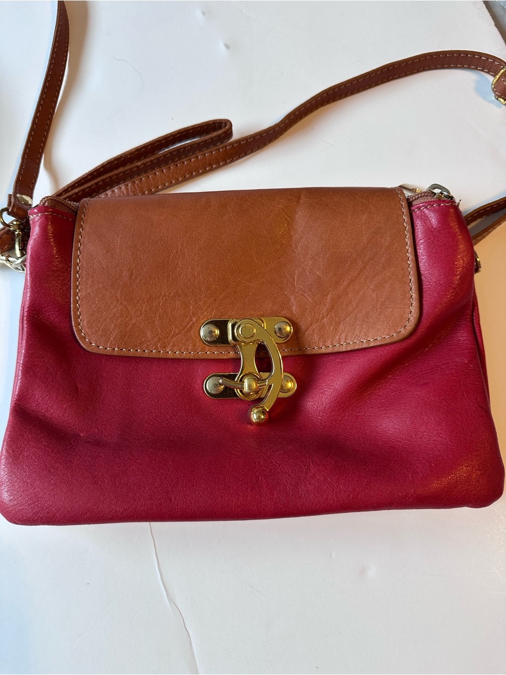 Red and Brown Leather Crossbody with Gold Hardware